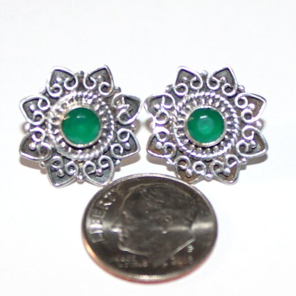 Sterling Silver Green Glass Bali Styled Earrings - Picture 3 of 5